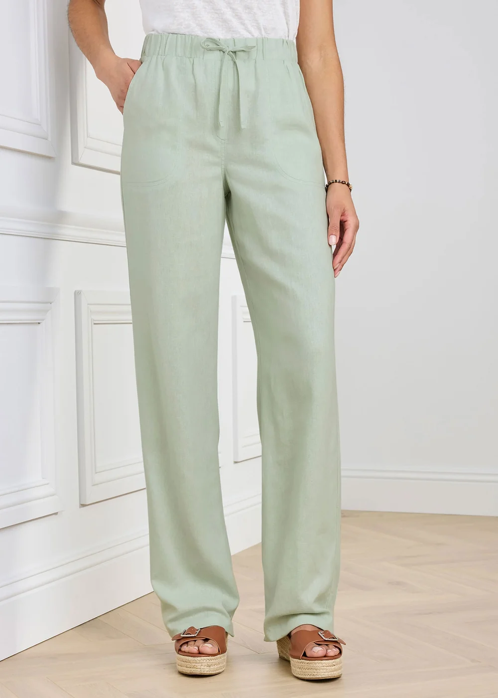 Cotton Traders Pale Mint Linen Blend Relaxed Fit Trousers - 8/L31 Image 2