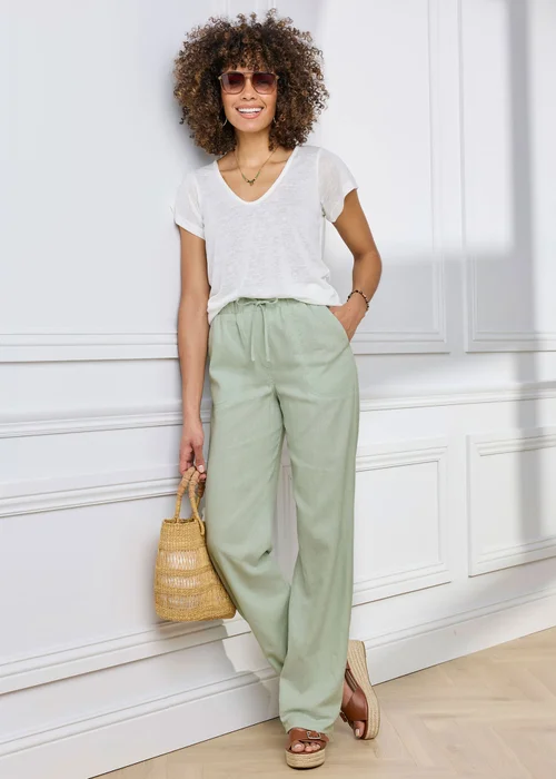 Cotton Traders Pale Mint Linen Blend Relaxed Fit Trousers - 22/L33 Image 1