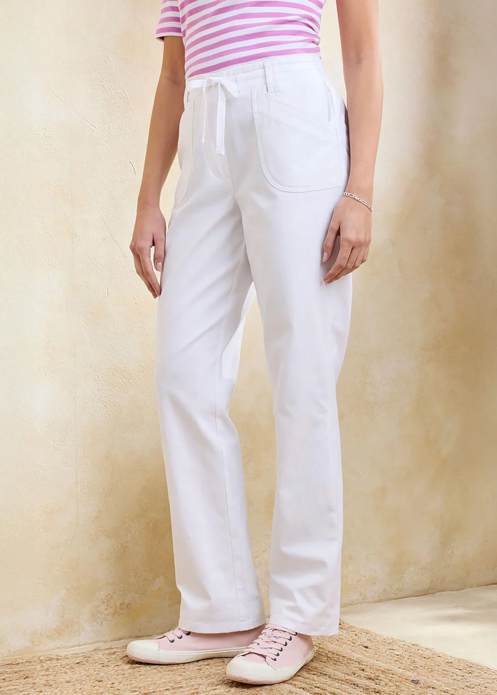 Cotton Traders White Wrinkle Free Pull On Straight Leg Trousers - 8/L31 Image 1