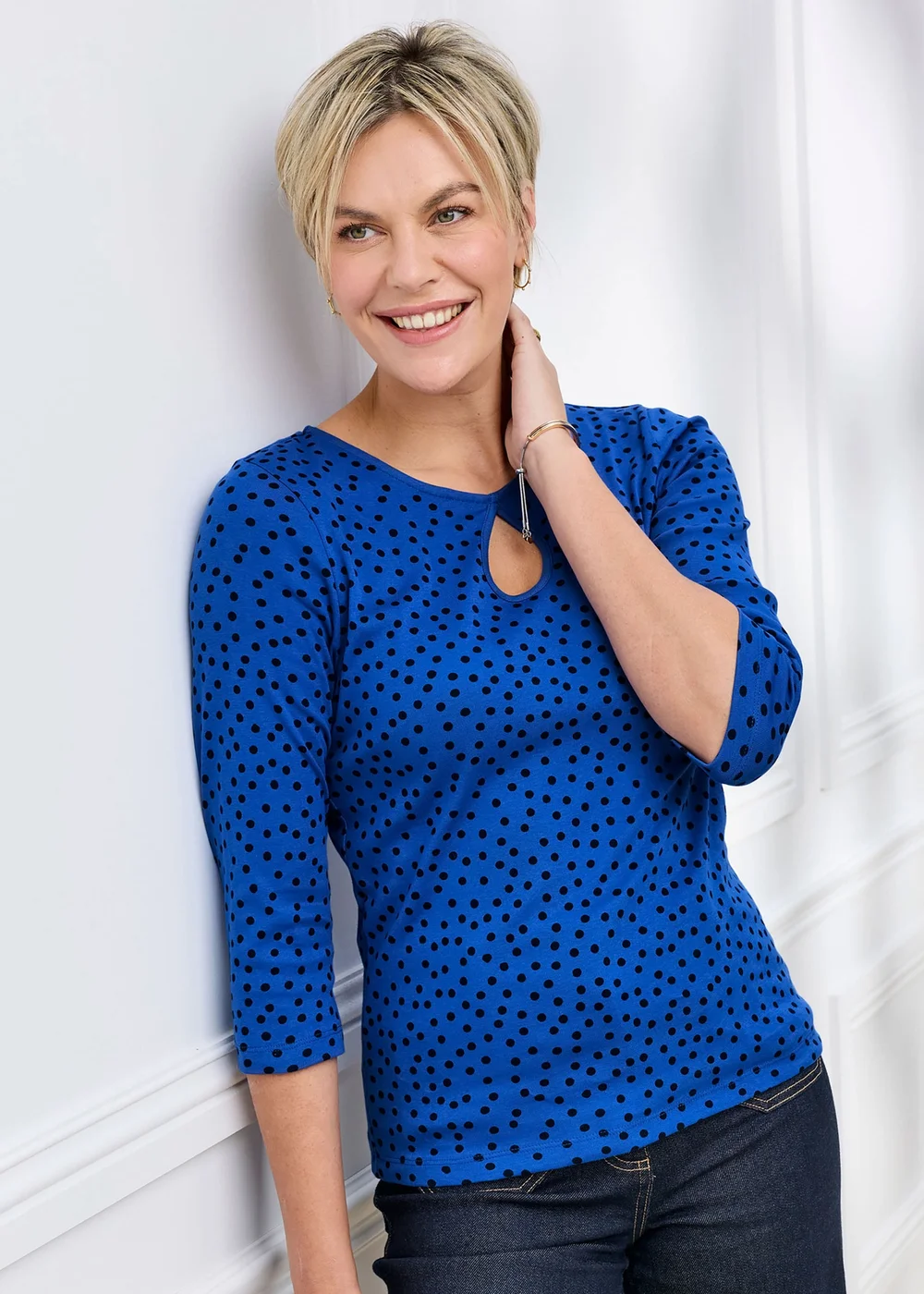 Cotton Traders Cobalt Wrinkle Free 3/4 Sleeve Keyhole Printed Top - 20 Image 2