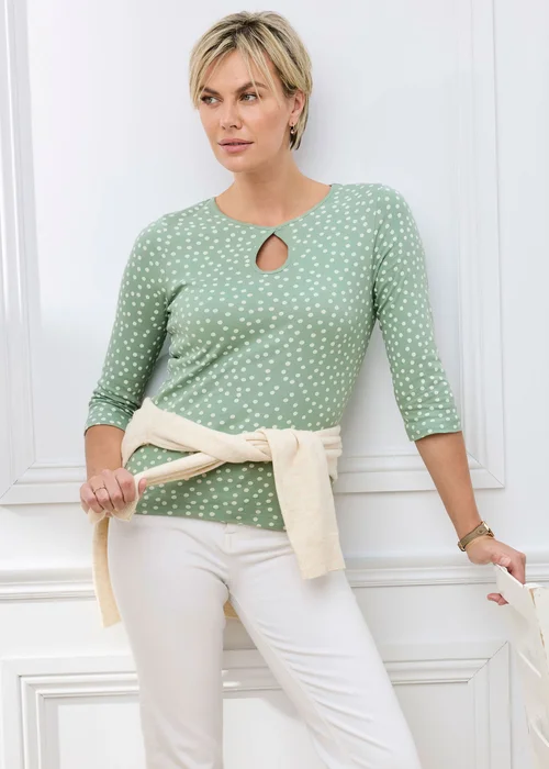 Cotton Traders Iced Mint Wrinkle Free 3/4 Sleeve Keyhole Printed Top - 14 Image 1