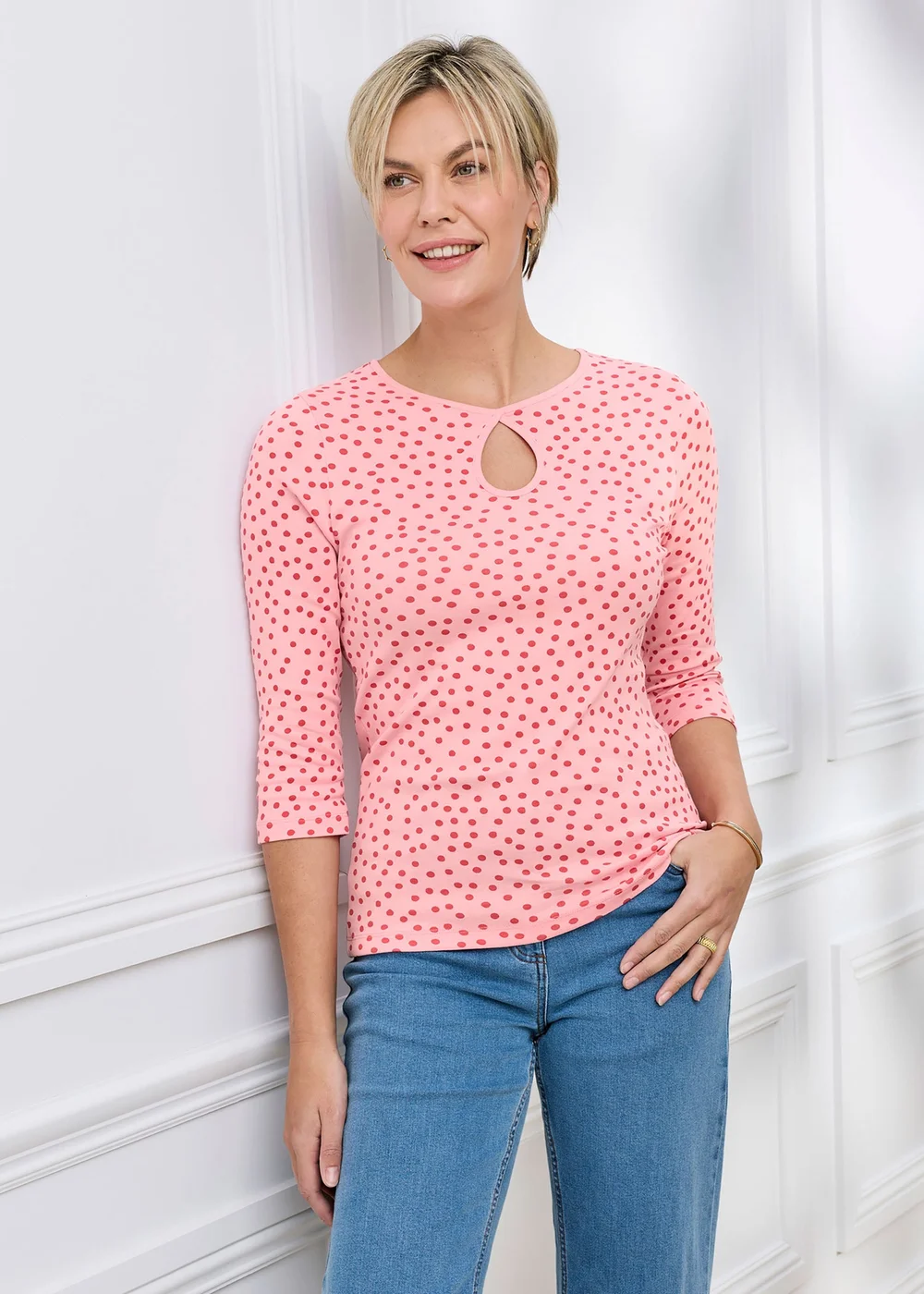 Cotton Traders Rose Wrinkle Free 3/4 Sleeve Keyhole Printed Top - 10 Image 1