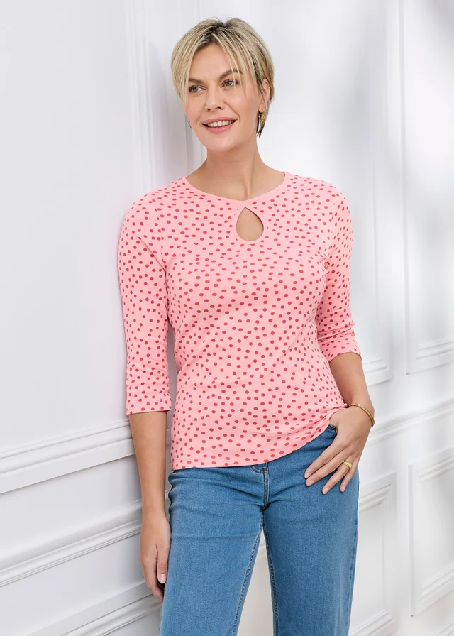 Cotton Traders Rose Wrinkle Free 3/4 Sleeve Keyhole Printed Top