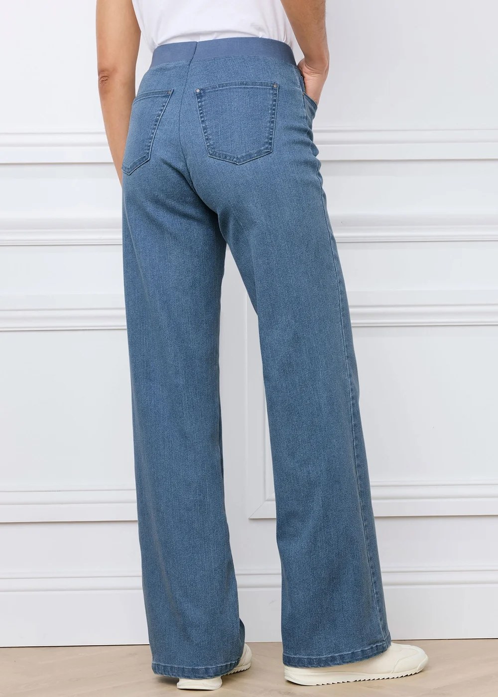 Cotton Traders Washed Blue Premium Pull On Wide Leg Jeans - 14/L27 Image 3