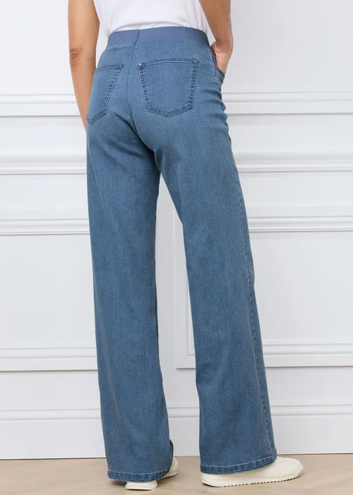 Cotton Traders Washed Blue Premium Pull On Wide Leg Jeans - 14/L27 Image 3