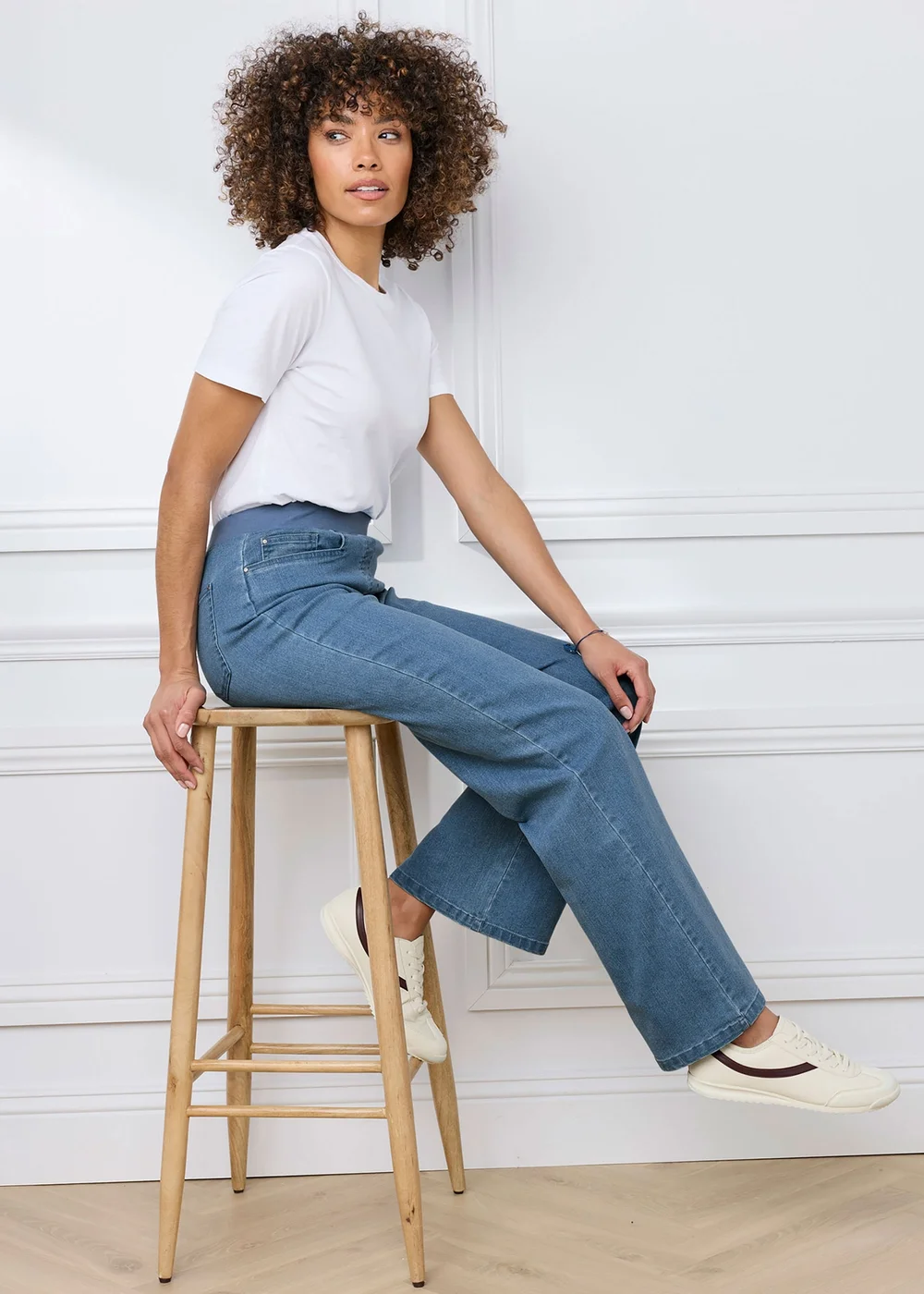 Cotton Traders Washed Blue Premium Pull On Wide Leg Jeans - 14/L27 Image 1