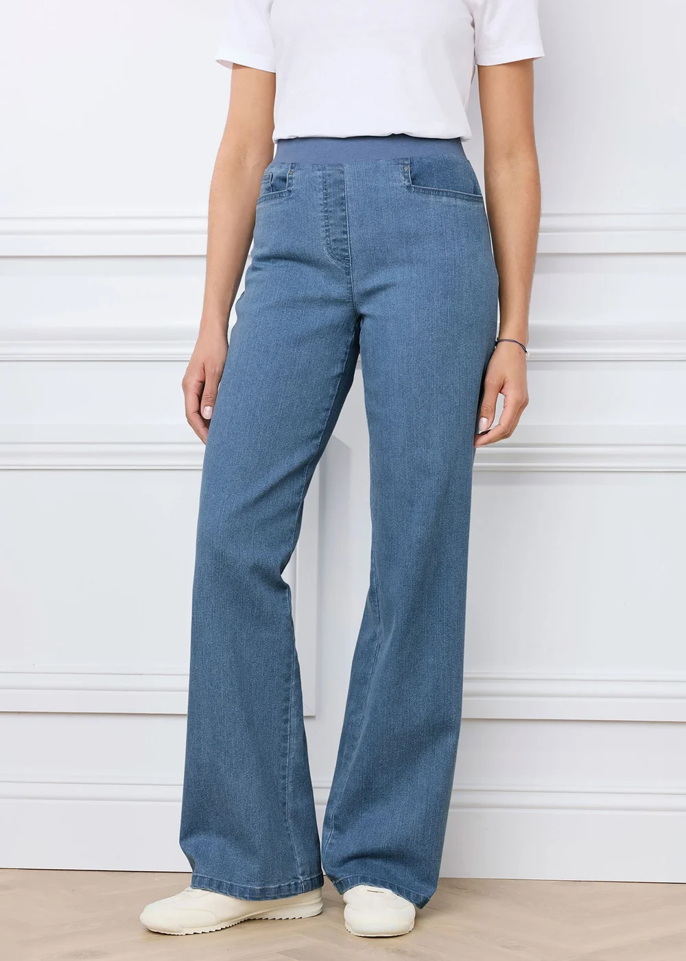 Cotton Traders Washed Blue Premium Pull On Wide Leg Jeans - 14/L27 Image 2