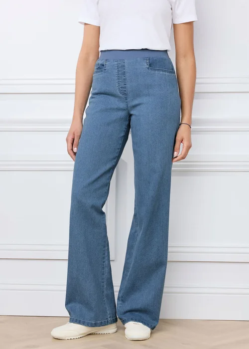 Cotton Traders Washed Blue Premium Pull On Wide Leg Jeans - 14/L27 Image 2