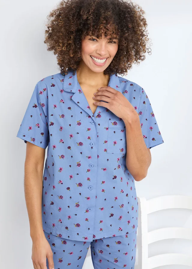 Cotton Traders Cornflower Blue Cotton Woven Cropped PJ Set