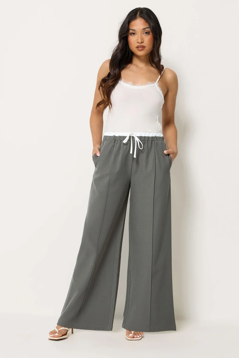 PixieGirl Petite Grey Contrast Waist Wide Leg Trousers - 12/L27 Image 1