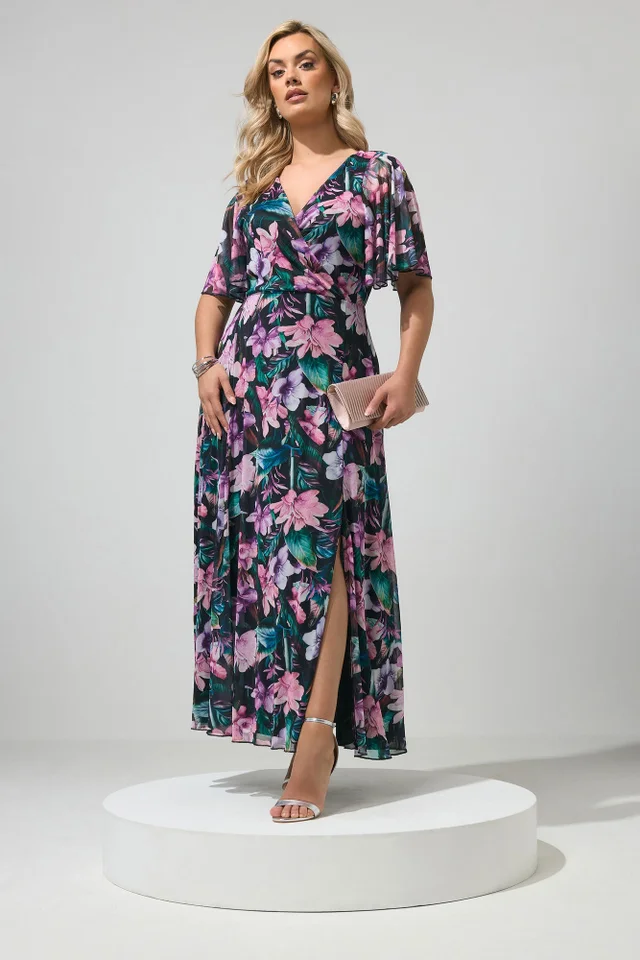 Yours London Curve Black Tropical Mesh Maxi Dress