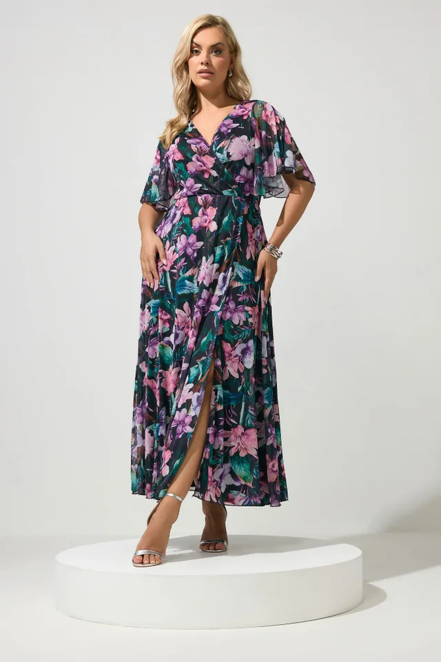Yours London Curve Black Tropical Mesh Maxi Dress