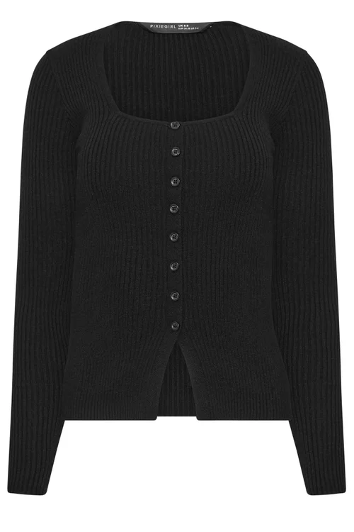 PixieGirl Petite Black Ribbed Button Scoop Neck Jumper - 12-14 Image 5