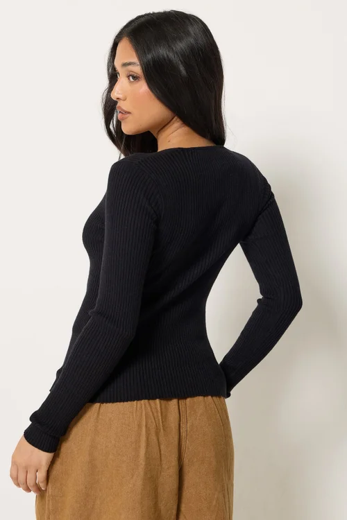 PixieGirl Petite Black Ribbed Button Scoop Neck Jumper - 12-14 Image 3