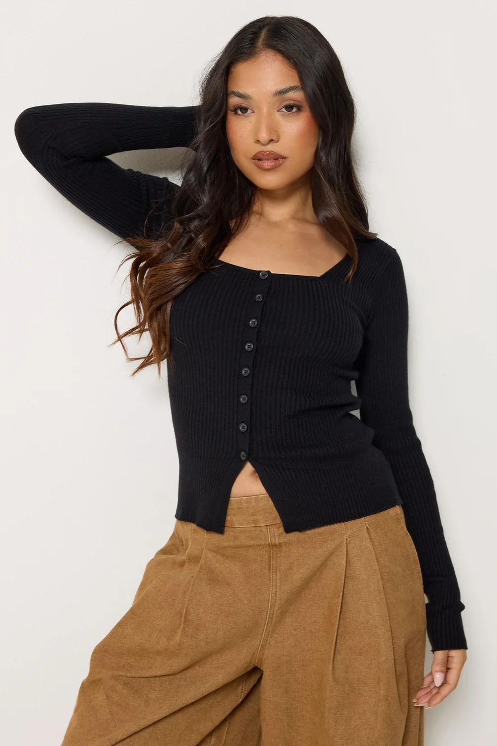 PixieGirl Petite Black Ribbed Button Scoop Neck Jumper - 12-14 Image 1