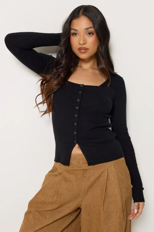 PixieGirl Petite Black Ribbed Button Scoop Neck Jumper - 12-14 Image 1