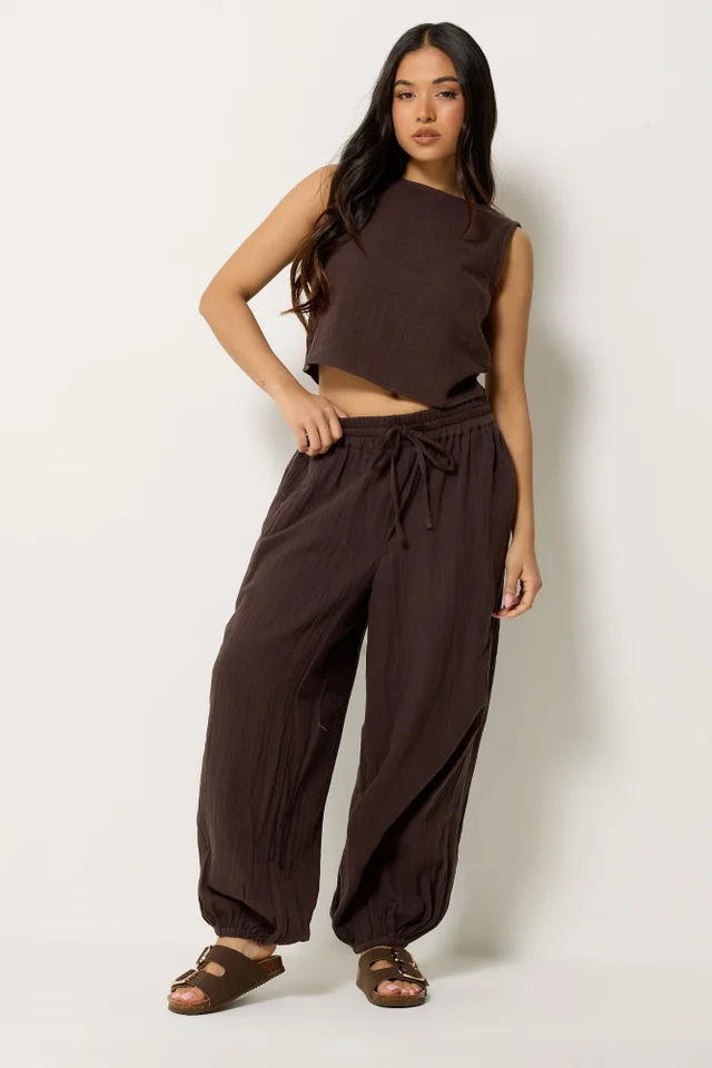 PixieGirl Petite Set Chocolate Brown Cotton Cheesecloth Top & Balloon Trousers