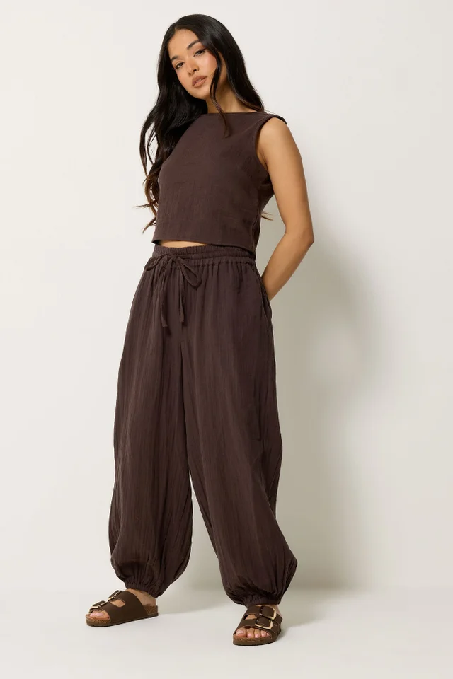 PixieGirl Petite Set Chocolate Brown Cotton Cheesecloth Top & Balloon Trousers