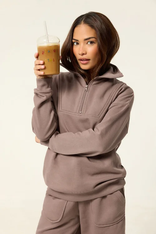 PixieGirl Petite Mocha Brown Funnel Neck Half Zip Sweatshirt - 12 Image 1