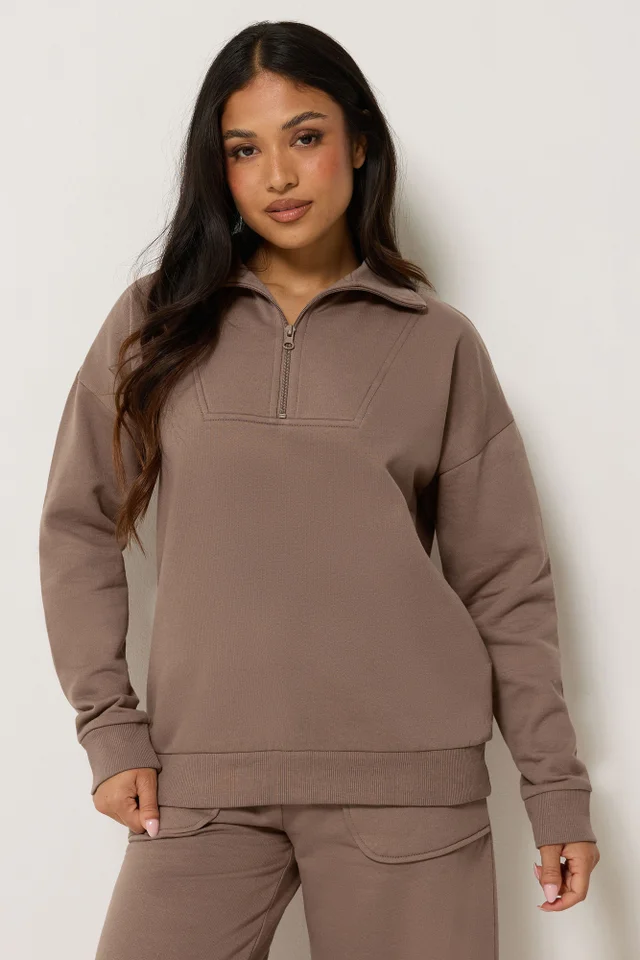 PixieGirl Petite Mocha Brown Funnel Neck Half Zip Sweatshirt