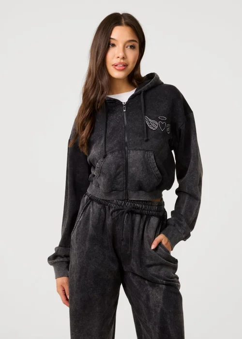 Pink Vanilla Black Halo Diamante Heart Zip Up Hoodie - L Image 1
