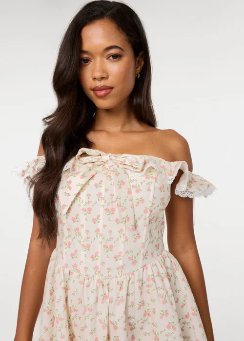 Pink Vanilla Cream Ditsy Off The Shoulder Mini Dress - 10 Image 3