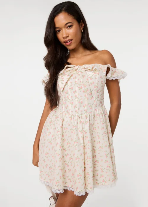 Pink Vanilla Cream Ditsy Off The Shoulder Mini Dress - 10 Image 2