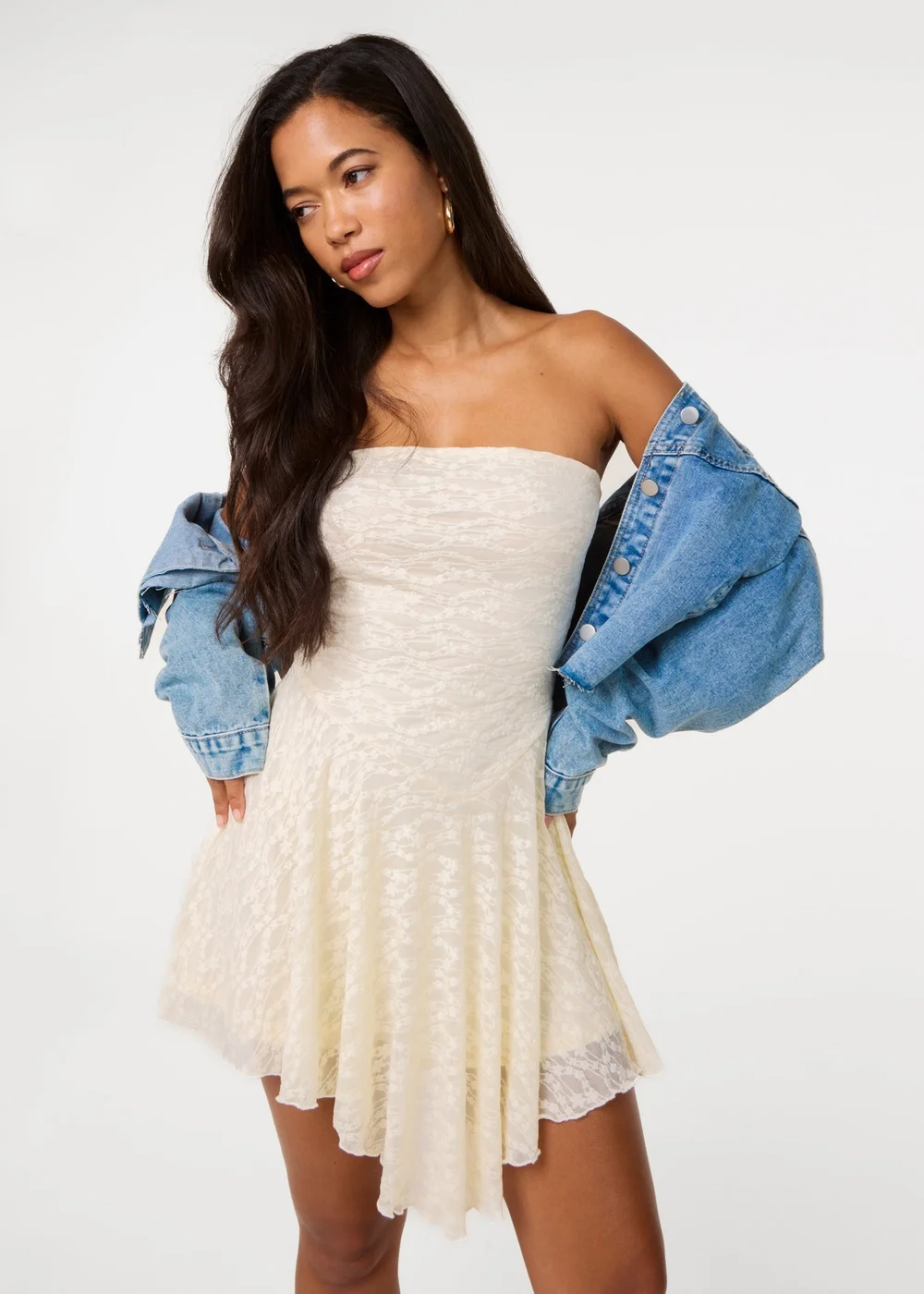 Pink Vanilla Cream Lace Asymmetric Mini Dress - L Image 2