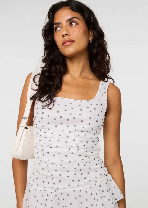 Pink Vanilla Ivory Polka Dot Square Neck Mesh Dress - M Image 3