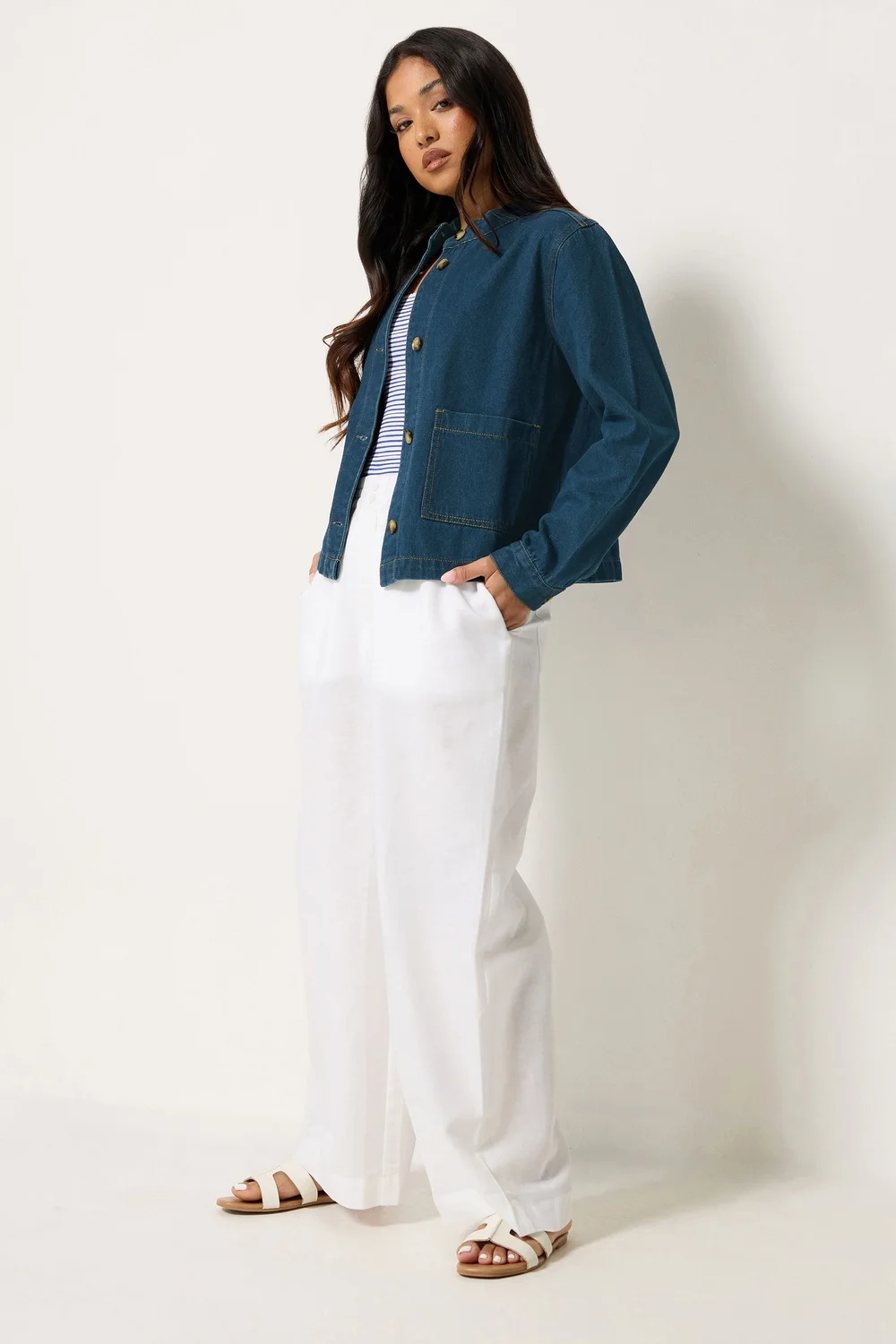 PixieGirl Petite Indigo Blue Collarless Denim Jacket - 12 Image 3