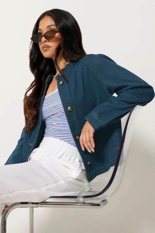 PixieGirl Petite Indigo Blue Collarless Denim Jacket - 12 Image 2