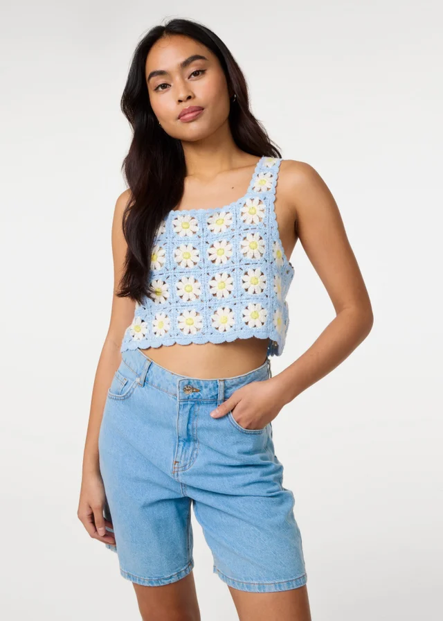 Pink Vanilla Blue Daisy Crochet Crop Top