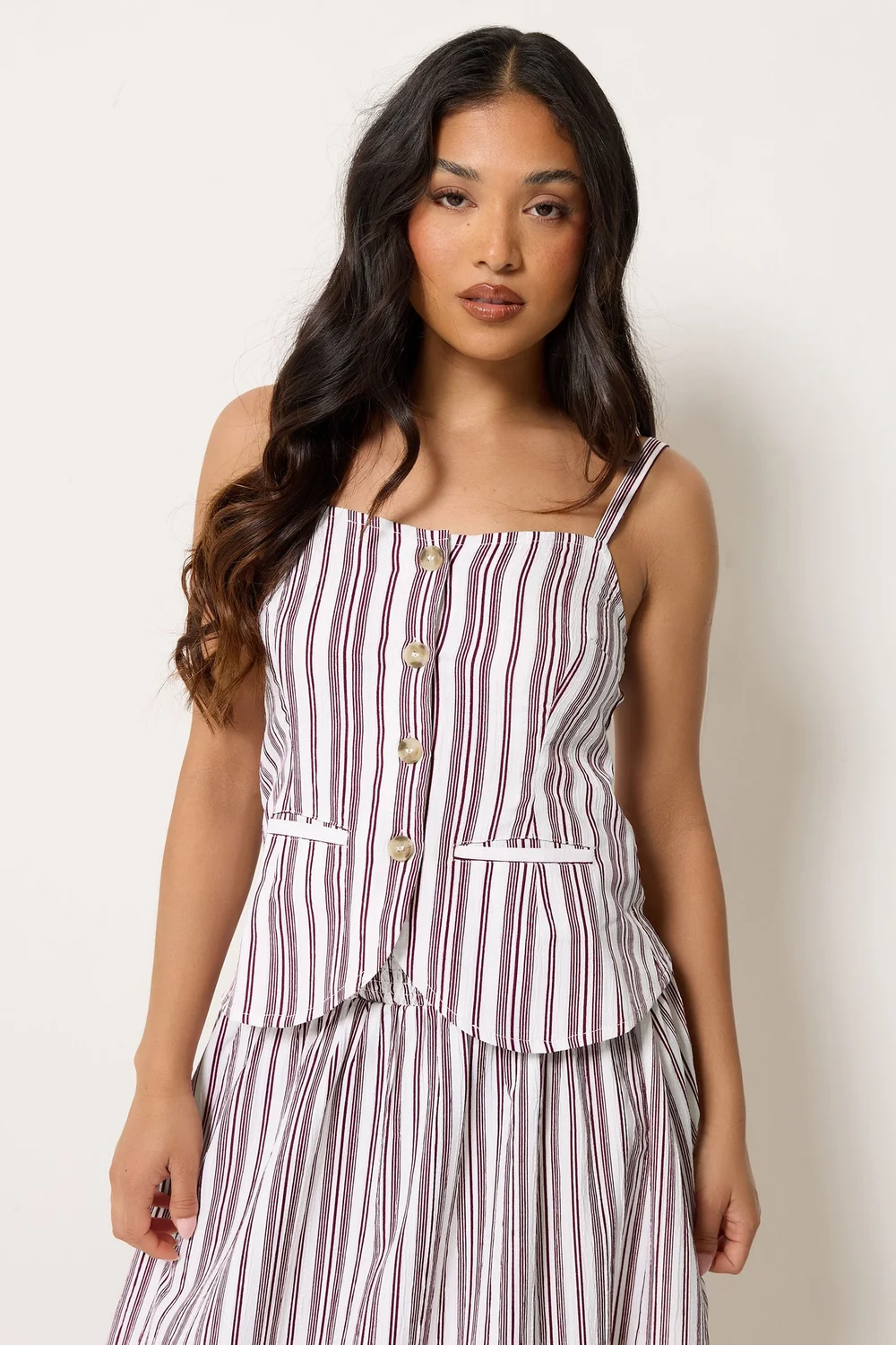 PixieGirl Petite Burgundy Red Stripe Button Cami Top - 6 Image 1