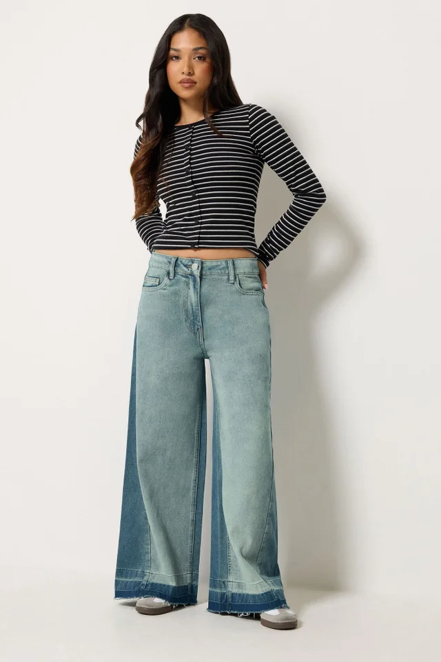 PixieGirl Petite Mid Blue Frayed Wide Leg Jeans