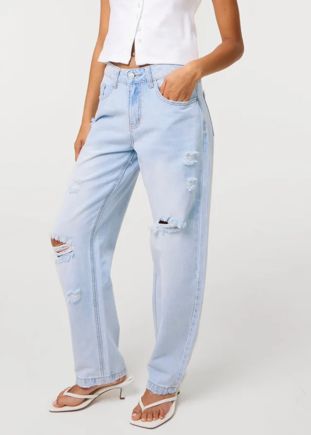 Pink Vanilla Blue Ripped Washed Barrel Jeans