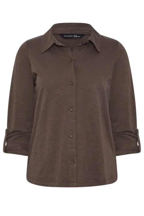 PixieGirl Petite Chocolate Brown Button Cotton Shirt - 16 Image 5