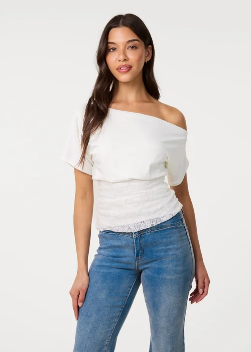Pink Vanilla Ivory Slinky Puffball Top With Lace - S Image 1