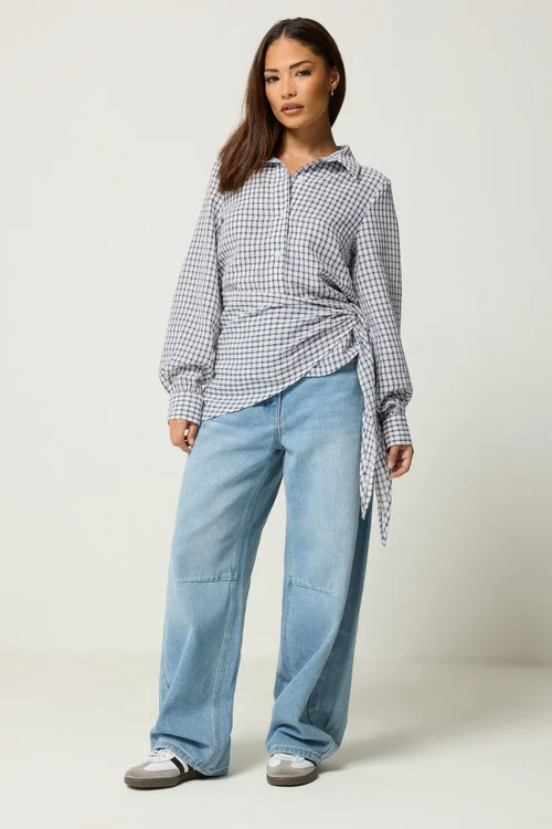 PixieGirl Petite Navy Blue Check Cotton Bandana Shirt - 16 Image 3