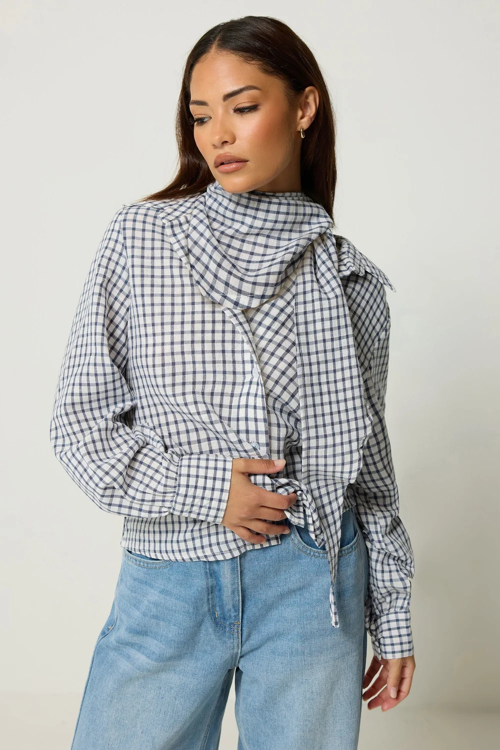 PixieGirl Petite Navy Blue Check Cotton Bandana Shirt - 16 Image 2