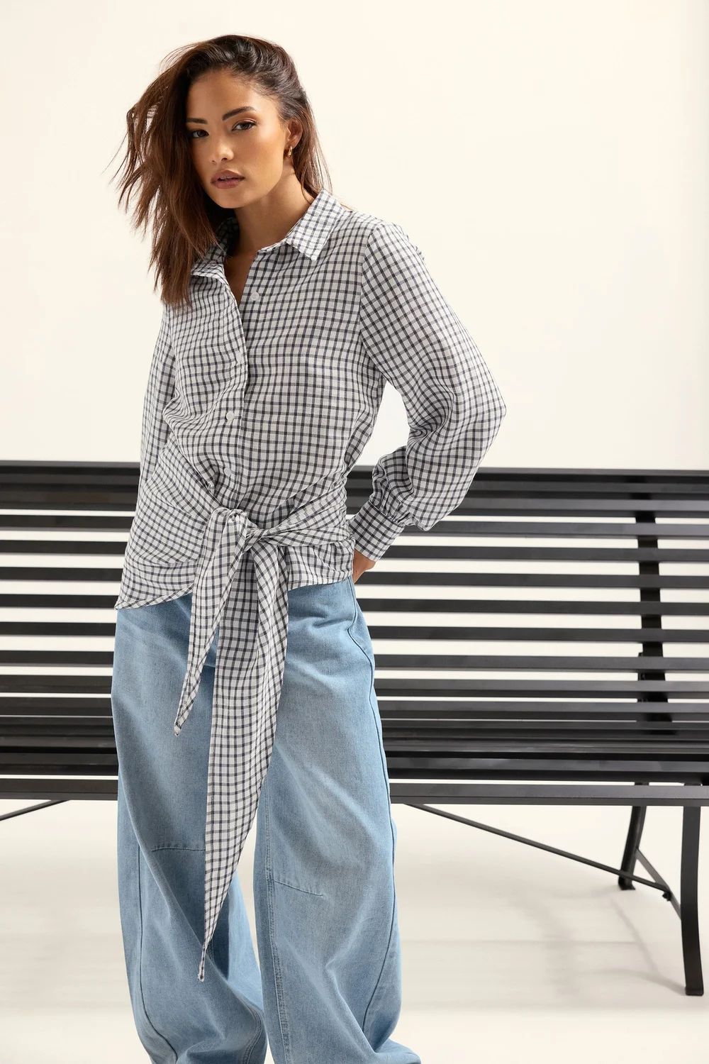 PixieGirl Petite Navy Blue Check Cotton Bandana Shirt - 16 Image 1