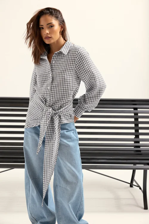 PixieGirl Petite Navy Blue Check Cotton Bandana Shirt - 16 Image 1
