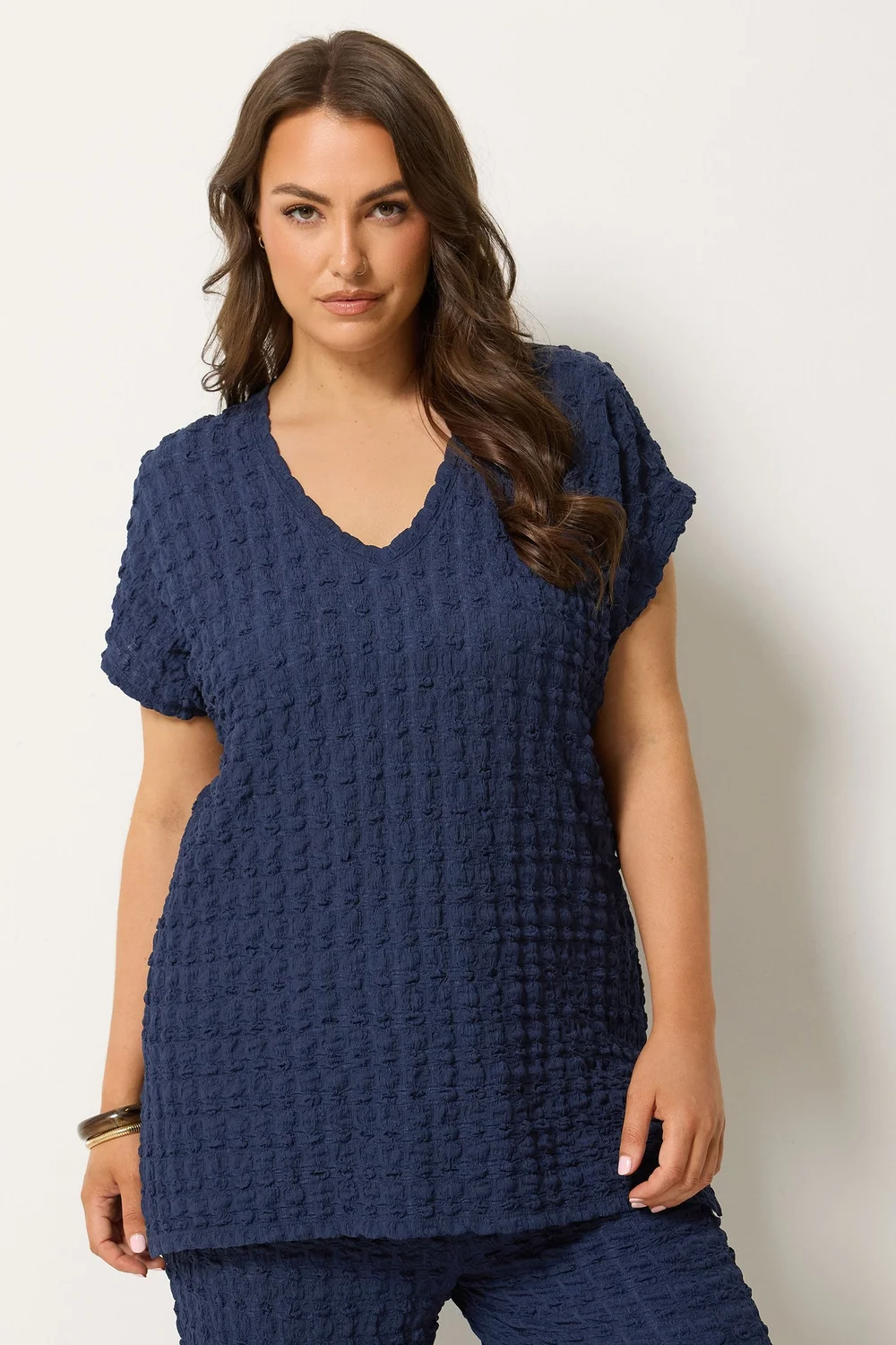 Yours Curve Navy Blue Bubble Textured T-Shirt - 16 Image 1