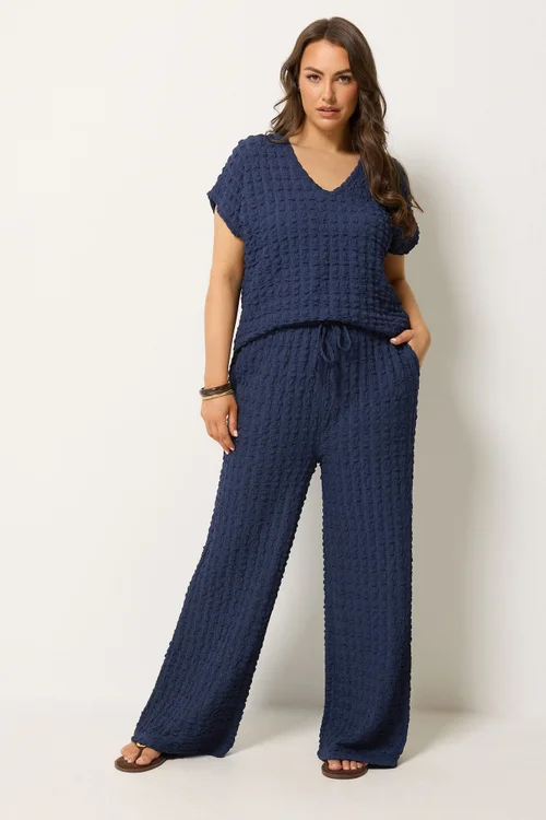 Yours Curve Navy Blue Bubble Textured Wide Leg Trousers - 26-28/L28 Image 3