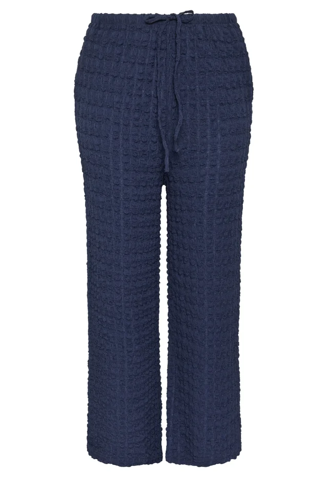 Yours Curve Navy Blue Bubble Textured Wide Leg Trousers