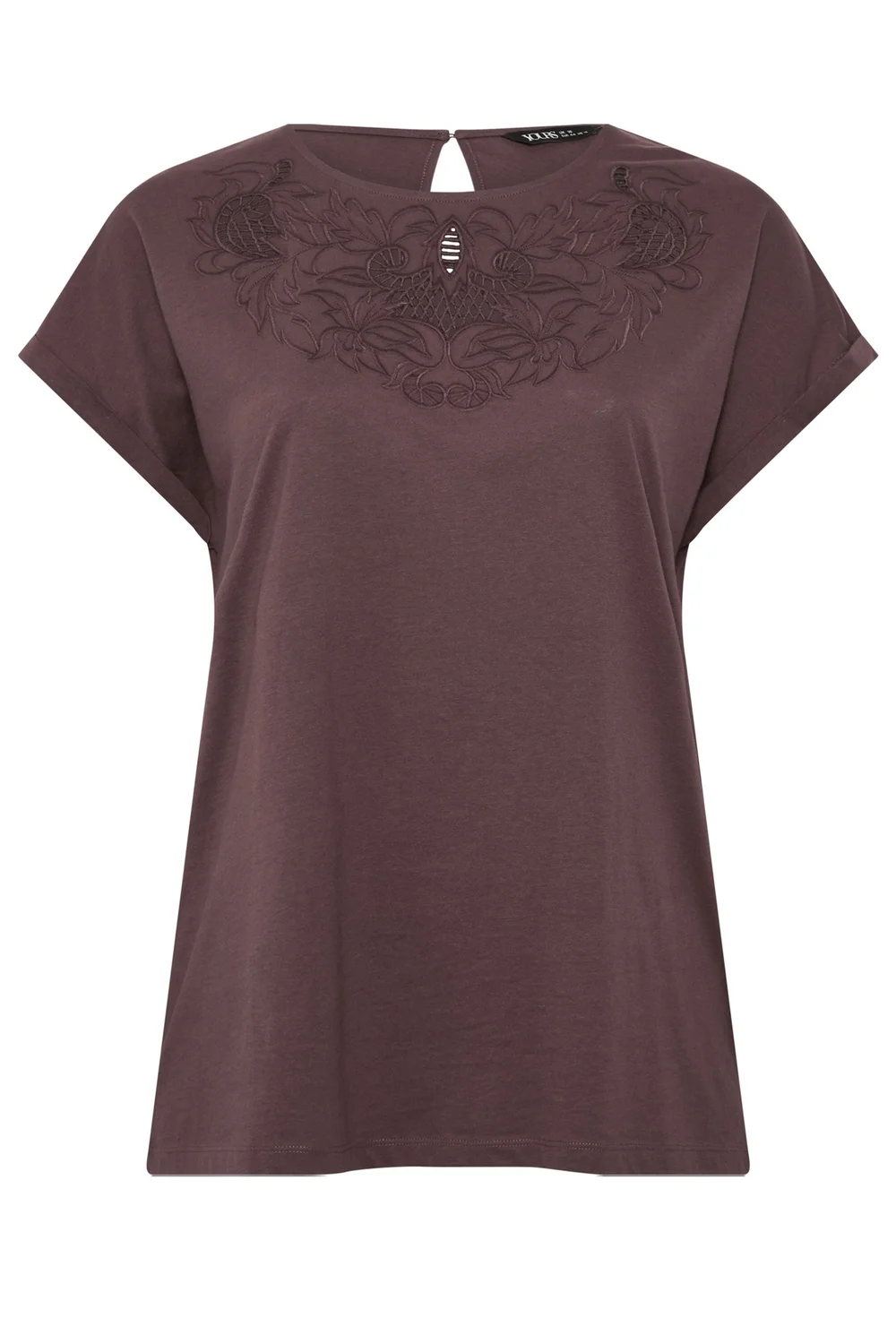 Yours Curve Brown Broderie Anglaise Grown On Sleeve T-Shirt - 38-40 Image 5