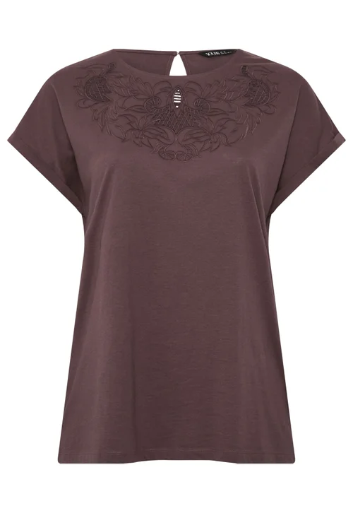 Yours Curve Brown Broderie Anglaise Grown On Sleeve T-Shirt - 38-40 Image 5
