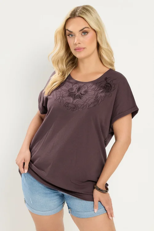Yours Curve Brown Broderie Anglaise Grown On Sleeve T-Shirt - 38-40 Image 1