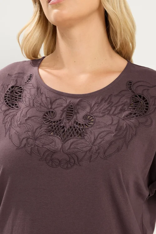 Yours Curve Brown Broderie Anglaise Grown On Sleeve T-Shirt - 38-40 Image 4