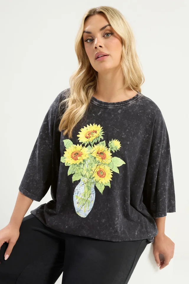 Yours Curve Grey Acid Wash Sunflower Graphic T-Shirt