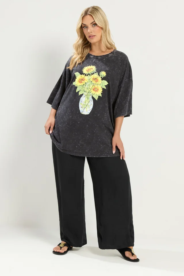 Yours Curve Grey Acid Wash Sunflower Graphic T-Shirt